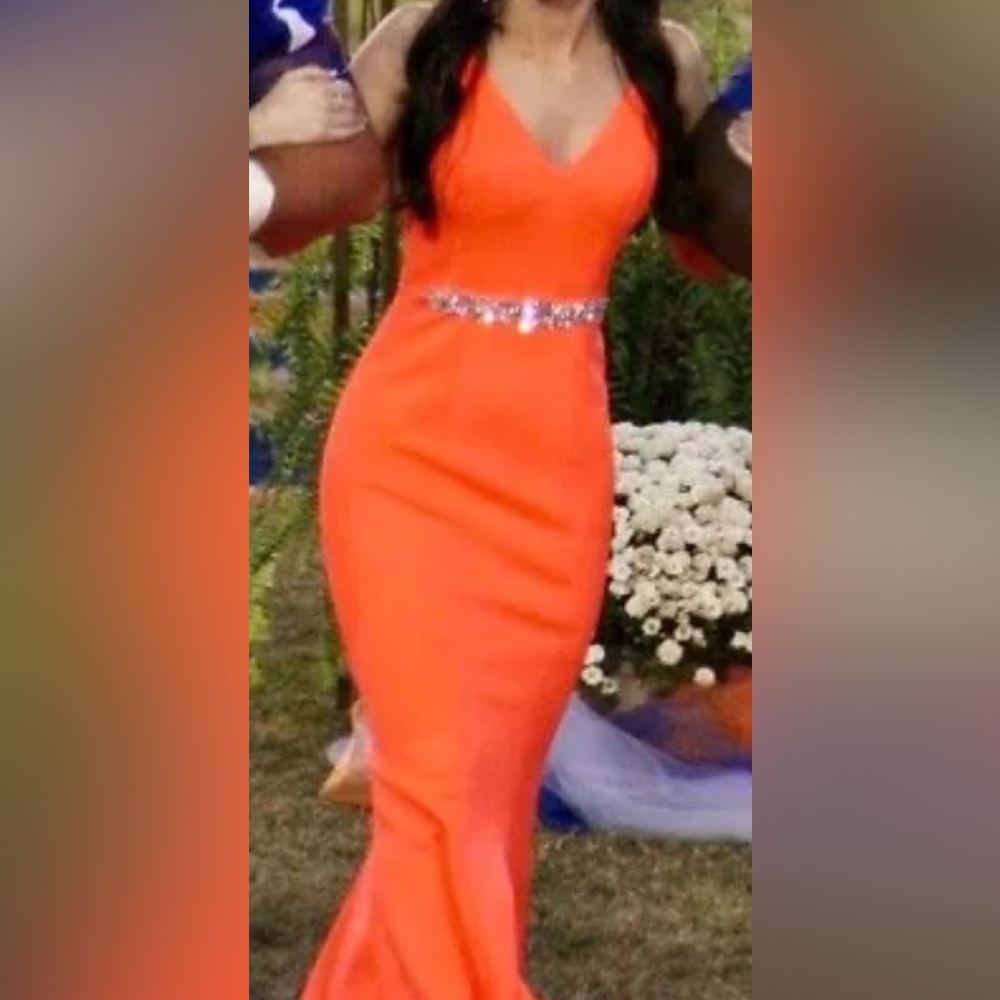 Elegant Jonathan Kayne Orange Gown with Embellished Waist